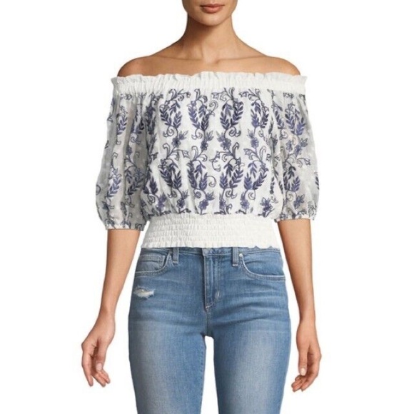 MISA Los Angeles White Ingrid Off-the-Shoulder Blue Floral Embroidered Crop Top - Picture 1 of 7